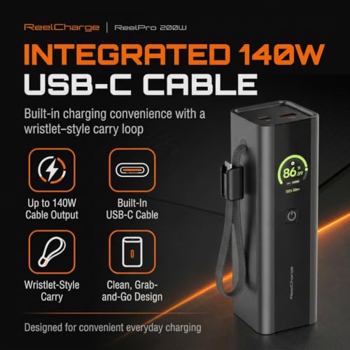 ReelPro 200W 27000mAh Power Bank, Portable Charger with 140W USB C Wristlet Cable, LED Display, Fast Charging for Laptop, iPhone, and iPad (Gray)
