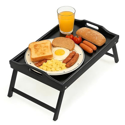 Bamboo Breakfast Tray Table with Folding Legs for Bed Table Sofa - Eating & Laptop Tray Bamboo with Folding Legs - color: Black