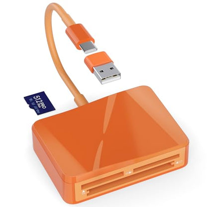 SD Card Reader, 4 in 1 USB C to SD/TF/CF/MS Card Reader with USB to USB C Adapter Memroy Card Reader for iPhone 17/16/15 Pro Max iPad Pro MacBook Pro/Air iMac M4/M3 Android Phone/Tablet PC (Orange) - color: Orange