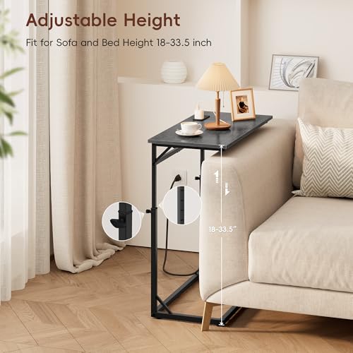 C Shaped End Table with Charging Station, Large C-Table End Table Adjustable Height Side Table for Couch, Sofa Table Slide Under Couch Table TV Tray Table for Living Room, Bedroom,Gray Walnut - color: Gray Walnut, style: With Plug