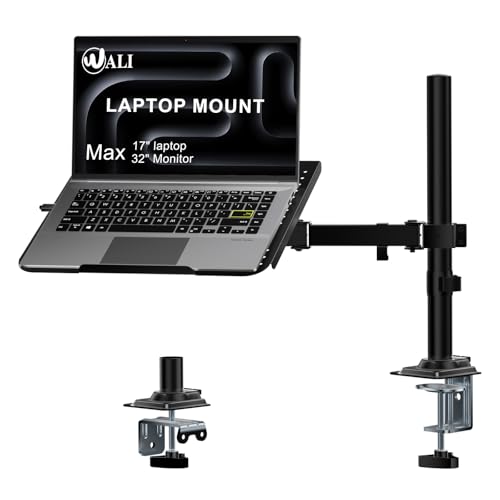 WALI Laptop Desk Mount for 17 inch Notebook, Adjustable Single Monitor Arm with Laptop Holder for 32 inch Screen, Laptops Stand with Ventilated Tray, Up to 22 lbs, (M00LP), Black - color: Black (Adjustable), size: Single
