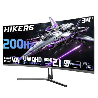 Hikers 34 Inch Curved Gaming Monitor UWQHD 200Hz HDMI 2.1×2 & DP 1.4×1 Ultrawide 3440×1440 Monitor, 21:9 1500R PIP/PBP, Fast VA MPRT 1ms 131% sRGB AI Crosshair (G34H1Q, Includes One HDMI 2.1 Cable) - size: 34 inch