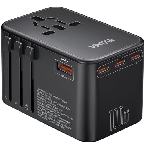 Universal Travel Adapter, VINTAR 100W GaN International Power Adapter with 3 USB-C PD Fast Charging and 1 USB-A QC, All-in-one Outlet Converter Charger for Europe UK USA AUS(Type C/G/A/I) - color: Black-100W