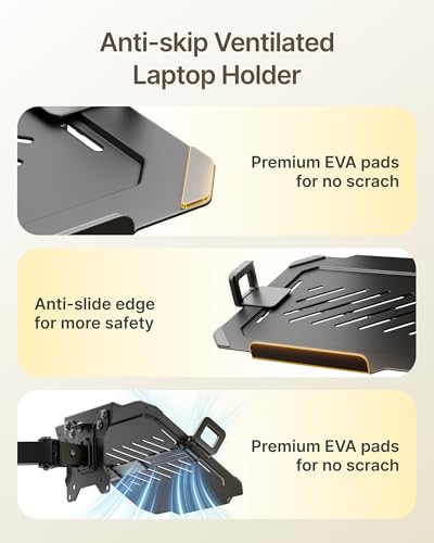 monTEK Monitor and Laptop Stand for 32" Screen and 17" Laptop | 2-in-1 desk mount holds 22 lbs, with height adjustment, tilt, swivel, clamp/grommet bases and VESA 75/100