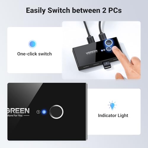 UGREEN USB 3.0 Switch Selector 2 Computers Share 4 USB Ports USB Switcher USB for PC Laptop Keyboard Mouse Printer Scanner One Button Switch Adapter with 2 Pack USB 3.0 Cables