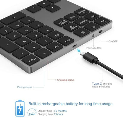 Bluetooth Number Pad, Lekvey Aluminum Rechargeable Wireless Numeric Keypad Slim 34-Keys External Numpad Keyboard Data Entry Compatible for Macbook, MacBook Air/Pro, iMac Windows Laptop Surface Pro etc - color: Bluetooth - Black