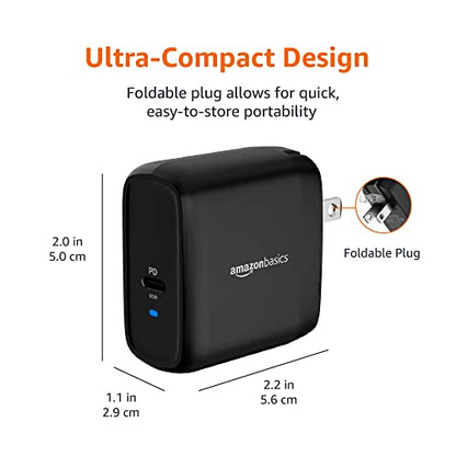 Amazon Basics 65W One-Port GaN USB-C Wall Charger with Power Delivery PD 3.0, Foldable Plug, Portable, Fast Charging for Laptops, Tablets & Phones, Non-PPS, Black - color: Black, style: 65W (1 USB-C)