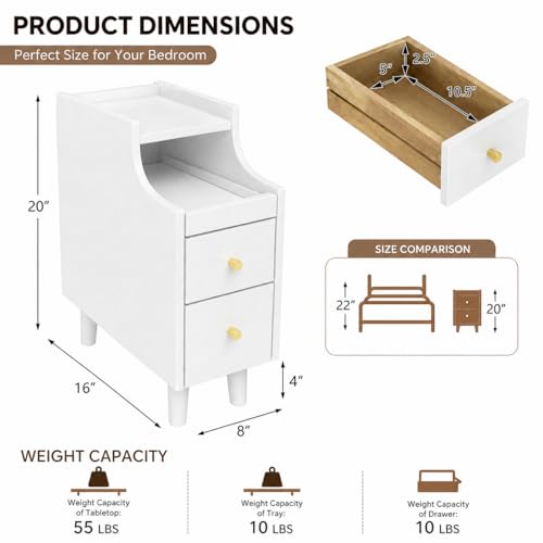 POWERSTONE Narrow Nightstand with 2 Drawers Set of 2, Solid Wood Bedside Table with Pull Out Tray & Cable Hole & Slots, Slim End Side Table for Small Spaces Bedroom, Living Room, White - color: White