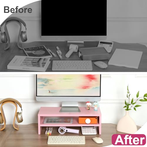 DS502P TEAMIX 20 inch Pink Monitor Riser Stand - 2 Tiers, Wood Desktop Bookshelf - color: Pink, size: 20 x 9.5 x 6.7 inches