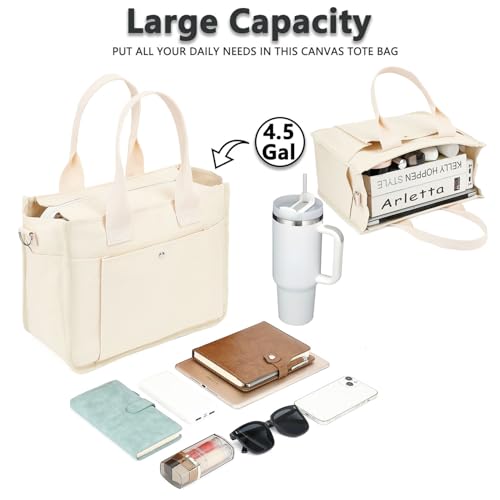 Fammart Large Canvas Tote Bag for Women with Zipper & Compartments, Crossbody Laptop Bags for Work College Travel - color: Beige