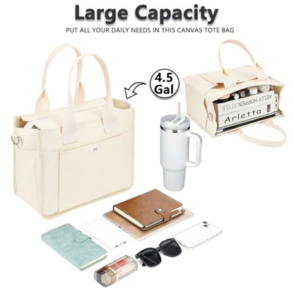 Fammart Large Canvas Tote Bag for Women with Zipper & Compartments, Crossbody Laptop Bags for Work College Travel - color: Beige