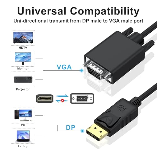 Vanjua DisplayPort to VGA Cable, 1.8M/5.9FT Display Port of Computer/Laptop to VGA of Monitor/Projector Adapter (Not Bidirectional)