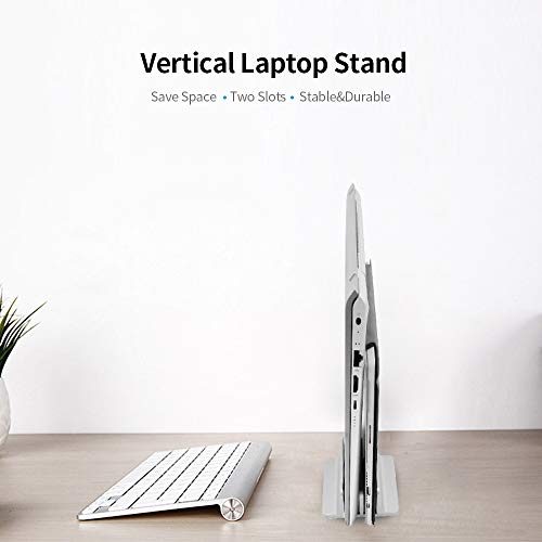 Adjustable Dual Slot Aluminum Vertical Laptop Desk Organizer Holder, Upright Notebook and Tablet Storage Stand Fit Laptop, Desktop Accessory in Silver Black (Silver) - color: Silver
