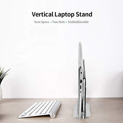 Adjustable Dual Slot Aluminum Vertical Laptop Desk Organizer Holder, Upright Notebook and Tablet Storage Stand Fit Laptop, Desktop Accessory in Silver Black (Silver) - color: Silver