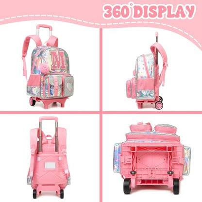 HTgroce Cute Rolling Backpack with Wheel,School Backpack for Kids Girl Roller Schoolbag Wheeled Backpacks Set Carry-on Luggage,Pink M - color: Pink, style: M