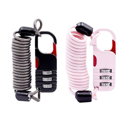 Travel Locks Cable Retractable, Mini Snowboard Lock with Combination, Small Padlock Combination with Wire for Luggage, Backpack, Suitcase, Stroller, Ski Gear, Motorcycle Helmet Anti Theft - color: Black+Pink