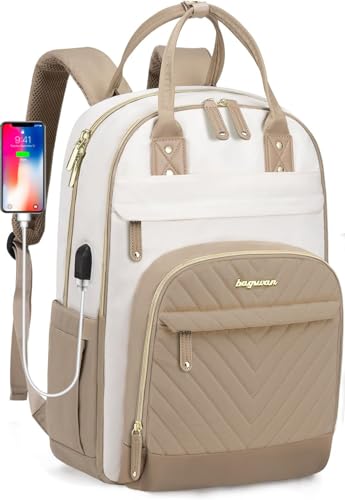 laptop backpack for Women - 15.6 inch Work Bags Travel Backpack with USB Charger College Bookbag Waterproof Business Computer Backpack Anti-theft Casual Backpacks for Nurse Teacher khaki - color: 2-beige-khaqi, size: 15.6 Inch