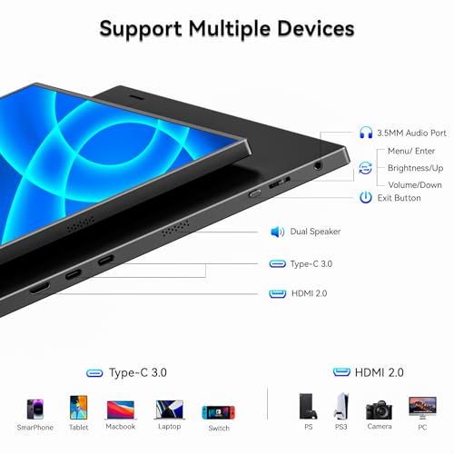 WUAWE Portable Monitor 15.6 Inch, 72% NTSC 100% sRGB USB C HDMI Travel Monitor for Laptop with Built-in Stand, HDR Freesync Low Blue Light for PC Mac Phone PS5 Switch.