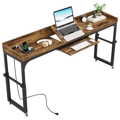 Tribesigns Height Adjustable Overbed Table with Wheels, Queen Size Over Bed Desk with Adjustable Tilt Stand, Mobile Laptop Cart Computer Desk with Outlets & USB Ports (Rustic Brown) - color: Rustic Brown
