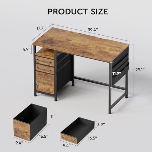 Ｍａｉｈａｉｌ Maihail Small Desk with Drawers, 40 inch Computer Desk with Shelves, Writing Desk with Storage, Small Office Desk with Metal Frame, Rustic Brown2 - color: Rustic Brown, size: 40 inch