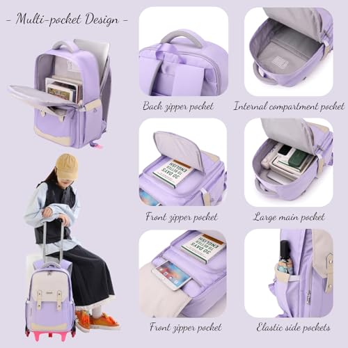 Purple Rolling Backpack for Girls Kids Roller Backpack with Wheels for Girls, Trolley School Bags for Primary Students, Kids Wheeled Bookbags on 6 Wheels, Purple - color: 6 Wheels Purple