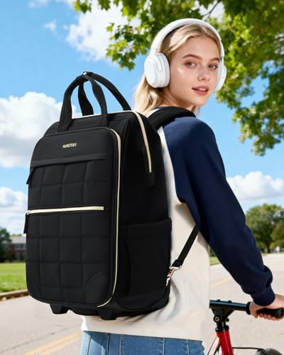 Rolling Puffer Backpack for Women, Wheeled Laptop Backpack, Short-Term Travel Backpack with Wheels, Roller Adults Work Computer Bag, Water Resistant Overnight College Underseat Carry on Luggage, Black - color: Black