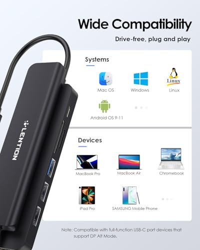 LENTION 7-in-1 USB C Hub, 4K@60Hz HDMI, 100W PD, Card Reader, USB 3.0 & 2.0 | Plug and Play, Stable Driver 3.0 Certified, for macOS, iOS/iPadOS, Windows & ChromeOS (CB-CE18, Black) - color: Black