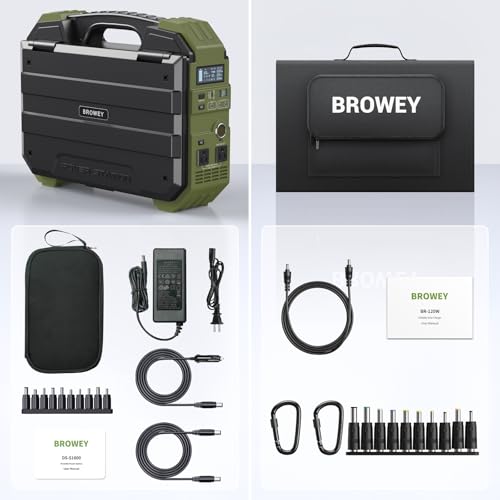 BROWEY 1600W (3200W Peak) Portable Power Station,1024Wh LiFePO4 Battery with Built-in Solar Panel,100W USB-C PD,Solar Generator for Camping, RV, Home Backup, Emergency (S1600 Green+120W) - style: S1600 Green+120W