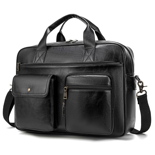Briefcase for Men 15.6 Inch Laptop Messenger Bag Faux Leather Multi-Pocket Business Work Bag Waterproof Office Travel Tote - color: Black