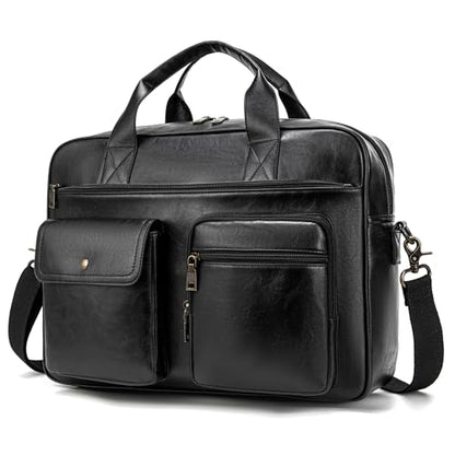 Briefcase for Men 15.6 Inch Laptop Messenger Bag Faux Leather Multi-Pocket Business Work Bag Waterproof Office Travel Tote - color: Black