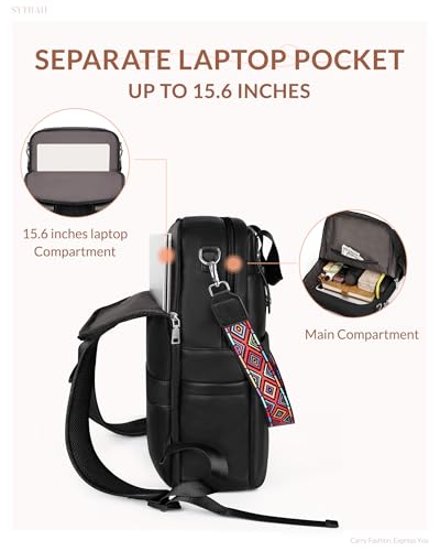 Leather Laptop Backpack 15.6 inch Womens Computer Bag Black | 3-in-1 laptop purse: Dedicated 15.6" Compartment, 7-Pocket Organizer, Colorful Shoulder Strap, Work & Travel Ready - color: Purse Black