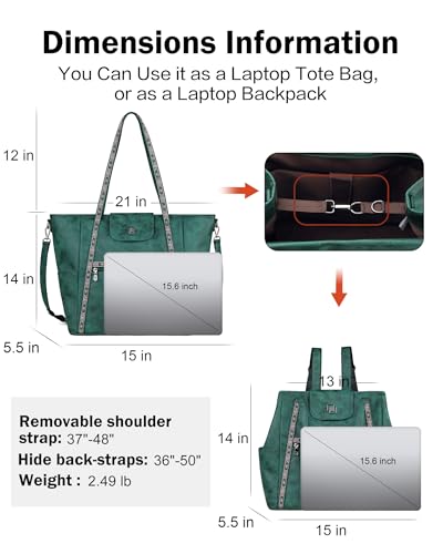 Large Laptop Tote Bag for Women Designer Leather Laptop Bag, 15.6in | Fashion Travel Backpack Purse Shoulder Handbag Fits 15.6 Laptop, Daily, Work, Business Trip, Weekend Travel, Teacher - color: Turquoise Green