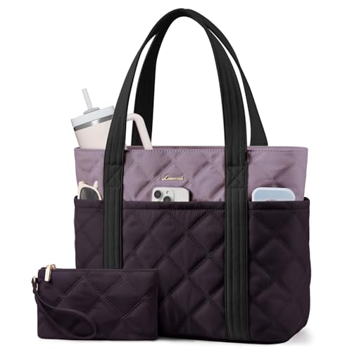 LOVEVOOK Puffer Tote Bag for Women, Puffy Work Handbag with Cup Holder, Travel Carry On Bag with Zipper for Teacher Nurse Gym - color: Plum-mauve Gray-black, size: 15.6 Inch-27L