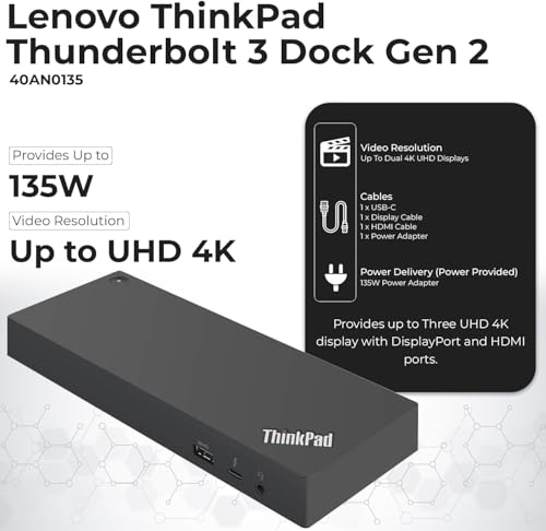 Lenovo 40AN0135US Thunderbolt 3 Dock - Gen 2 Dual UHD 4K Display with 135W Power Adapter, Thinkpad Lenovo Docking Station Dual Monitor with HDMI, DisplayPort, Thunderbolt Cable, Cloth