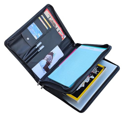 14" Laptop Briefcase, Vegan Leather Portfolio with Zipper Compartments x 2, A4 Papers Holder Padfolio Organizer - color: Black