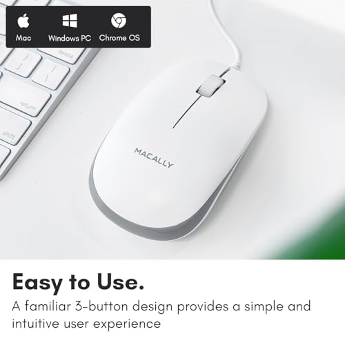 Macally USB Wired Mouse for Mac and Windows - Plug and Play 3 Button Corded Computer Mouse Wired for MacBook Pro/Air, Apple iMac, Laptop, PC Desktop, Notebook, Scroll Wheel Layout with Long Wire Cord