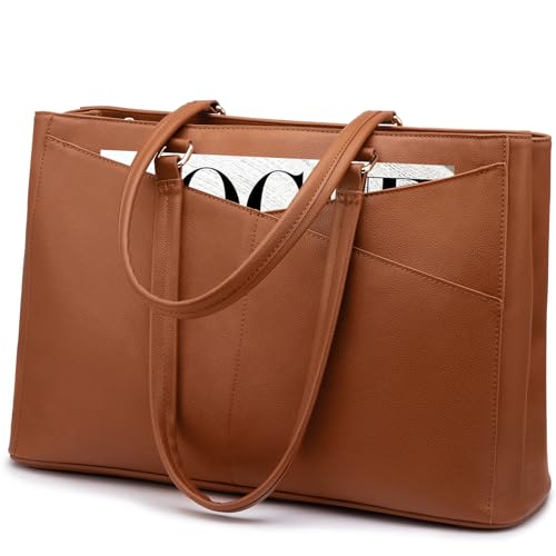 LOVEVOOK Laptop Bag for Women 17.3 Inch Tote Bags Waterproof Leather Briefcase Computer Women Business Office Work Bag,Brown - color: Brown, size: 17.3 inch