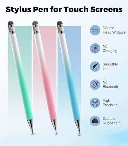 Kenkor Stylus(3pcs),2-in-1 Stylus Pen for Touch Screen, Stylus Pen for iPad | No Charging,Compatible with Apple(iPhone/iPad)/Nintendo Switch/Samsung/Google/Microsoft/Android Tablets Touch Screens Devices - color: Pink+Blue+Green