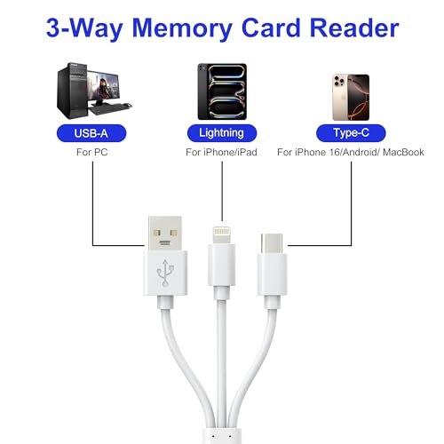 XD Card Reader, 3-in-1 SD/TF/XD Card Adapter - Lightning + USB A + USB C SD Card Reader Plug & Play, OTG Memory Card Reader for iPhone 17/16/15/14/iPad/PC/Android