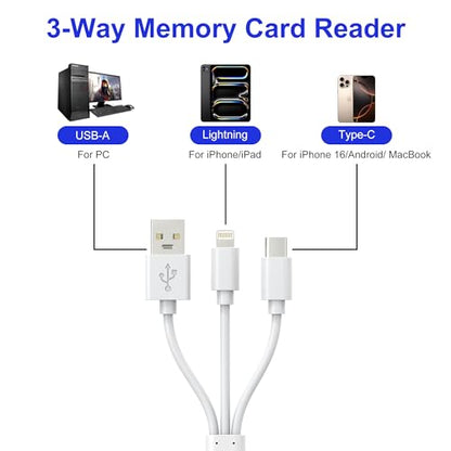XD Card Reader, 3-in-1 SD/TF/XD Card Adapter - Lightning + USB A + USB C SD Card Reader Plug & Play, OTG Memory Card Reader for iPhone 17/16/15/14/iPad/PC/Android