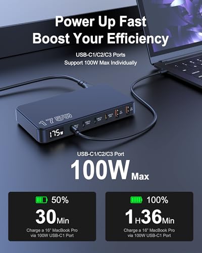 175W USB-C Charger, Ultra-Thin 6 Ports GaN Fast Charging Station, PPS PD 100W Laptop Charger Adapter, LCD Display, Compatible with MacBook Pro/Air, iPhone 15/14/13, Pixel, Galaxy, and More