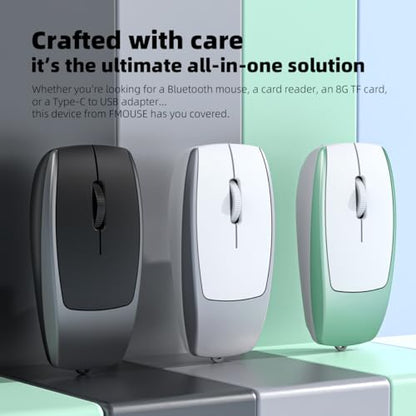 FMOUSE Ultra-Compact 2-in-1 Wireless Bluetooth Mouse & TF Card Reader - Includes 8GB TF Card, 3.07×1.49×0.87in / 30g, USB-C Rechargeable, for MacBook iPad Laptop Chromebook, Travel Business, Grey - color: Grey / With 8GB TF Card