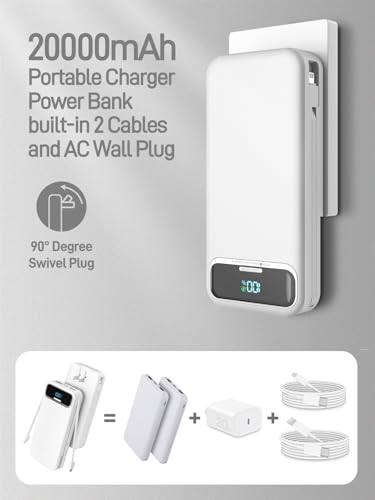 Nusyddy Portable Charger 20000mAh Fast Charging w/Built-in Wall Plug White | 22.5W Fast Charging, High Capacity, LED Display, Charge 5 Devices at once, TSA Approved, Compatible with iPhone/Samsung - color: Pearl