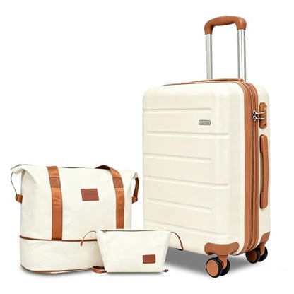 3-Piece Luggage Set with Carry On Luggage Set 22x14x9 Airline Approved, ABS Hardside Suitcase with 8 Spinner Wheels & TSA Lock, Expandable Suitcase for Men & Women (20/TB/DB Beige) - color: Beige, size: (20/DB/TB)-Expandable