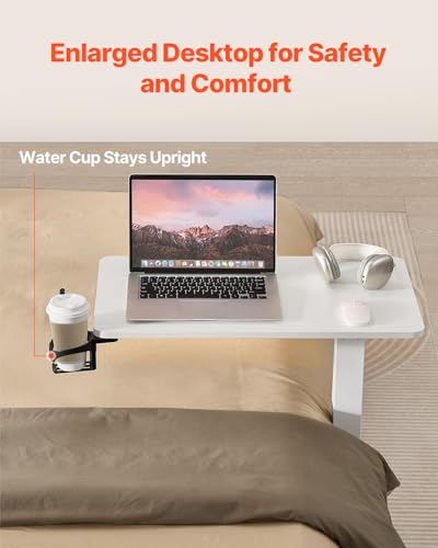 VEVOR Overbed Table, Over Bed Table with Wheels Adjustable Height, Mobile Hospital Bed Table, Rolling Laptop Desk with Fixed Top & Cup Holder, Portable Over Bed Desk for Home, Office, Study, White - color: White, style: Fixed Desktop