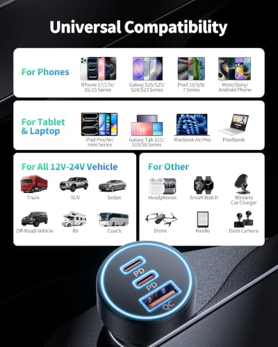 Car Charger USB C, 3 Port 67W Dual USB-C & USB-A Car Phone Charger Adapter | Fast Charging Cigarette Lighter Accessories, for iPhone 17/16/15/14/13/12/11 Pro Max,iPad, Galaxy S26/S25/S24,Pixel, Android - style: 1-Pack