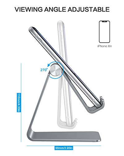 OMOTON C2 Adjustable Aluminum Cell Phone Stand with Charging Cutout, Grey | Sturdy 3mm Aluminum, Charging Port, 270° Adjustable, Non-Slip Silicone Pads, Works with Thick Cases, for All Smartphones - color: Grey