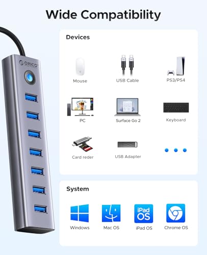 ORICO 7-Port USB 3.0 Hub, Aluminum USB Multiple Adapter, 5Gbps USB Extender USB Splitter with 6Ft Cable, UBS-A Hub Long Cable for Desktop, PC, Flash Drive, Mobile HDD, Windows/XPS - size: 6.0Ft