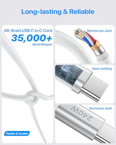 USB C to USB C Cable 3ft, 2-Pack 240W USBC to USBC Charger Cable Braided for iPhone 17 Air 16 15 Pro Max Charger Cord, USB-C to C Fast Charging Cable for Samsung S25, MacBook Pro/Air, iPad, Laptop