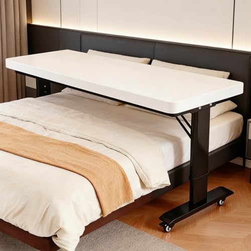 Overbed Table with Wheels, Adjustable Height Rolling Desk for Bed, Portable Laptop Stand for Hospital, Home Office, and Bedroom Use, Smooth Gliding Casters(White H,39.3"x19.7"x26.8") - color: White H, size: 39.3"x19.7"x26.8"